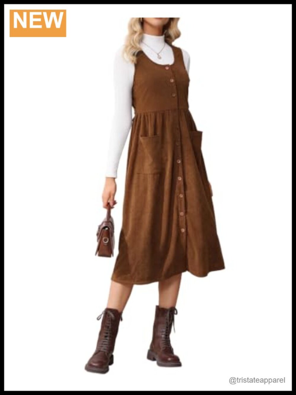 Corduroy Overall Dress Sleeveless Pinafore Midi A-Line Button Front Pockets